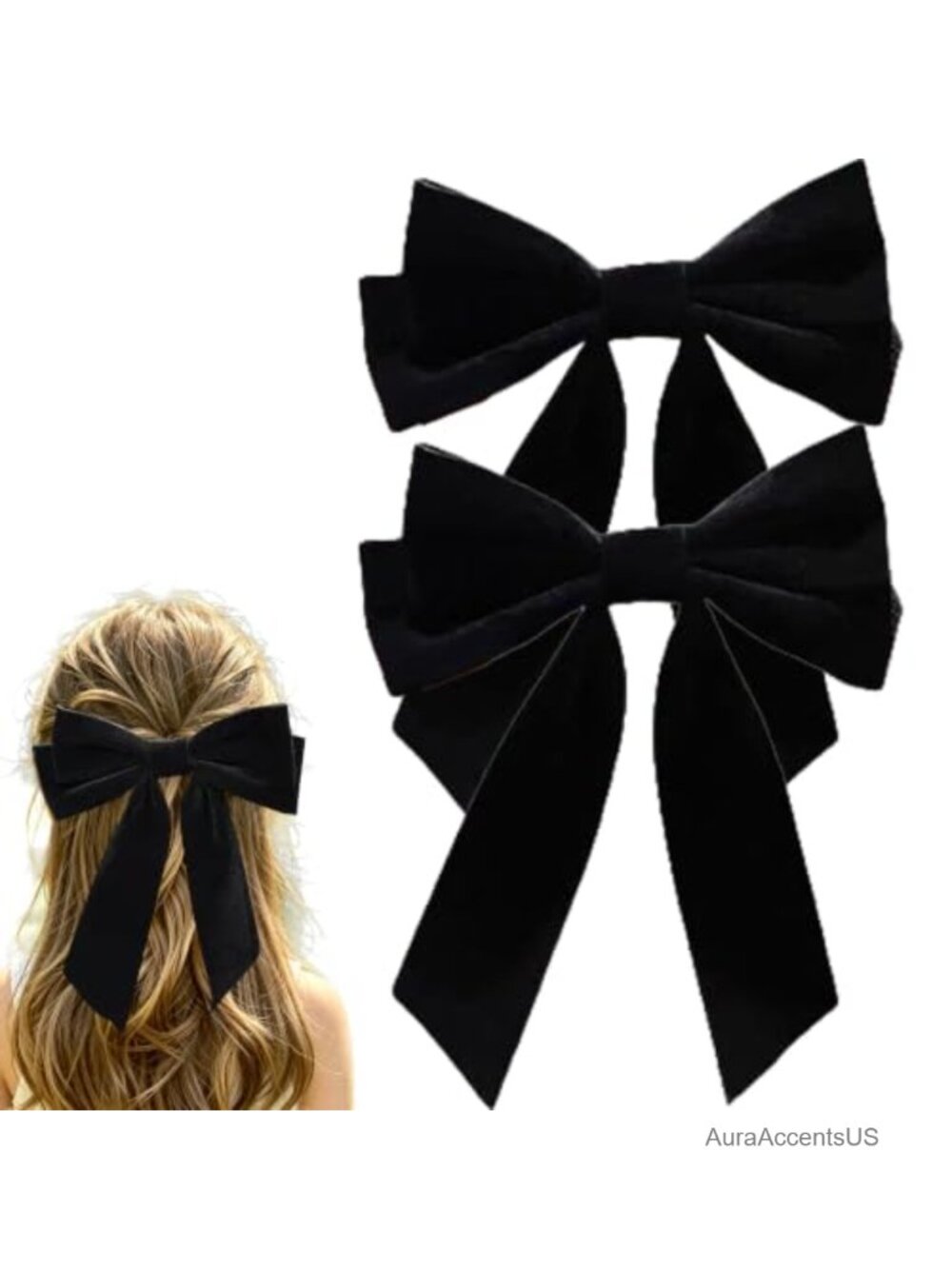 Velvet Bow Hair Clips Long Tail Spring Barrette 2 Pack